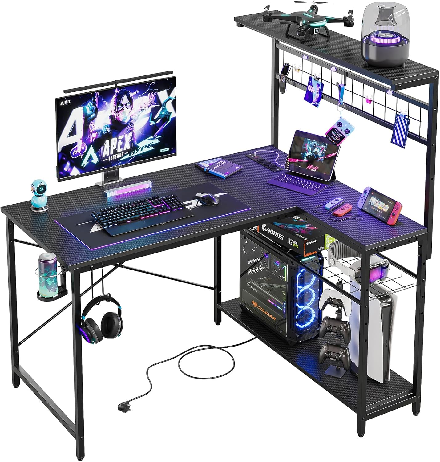 Bureau d'angle en L Bestier avec prises et éclairage LED