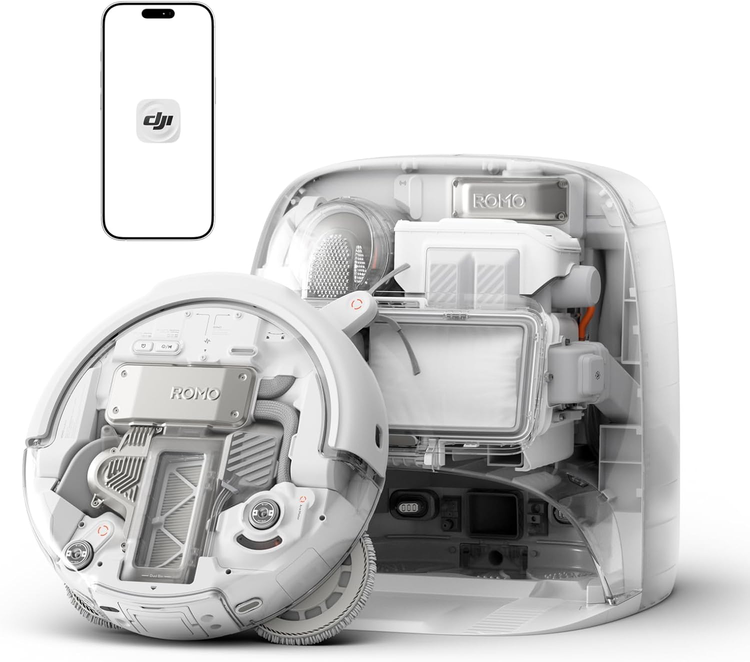 Robot aspirateur DJI Romo P au design transparent avec sa station de charge