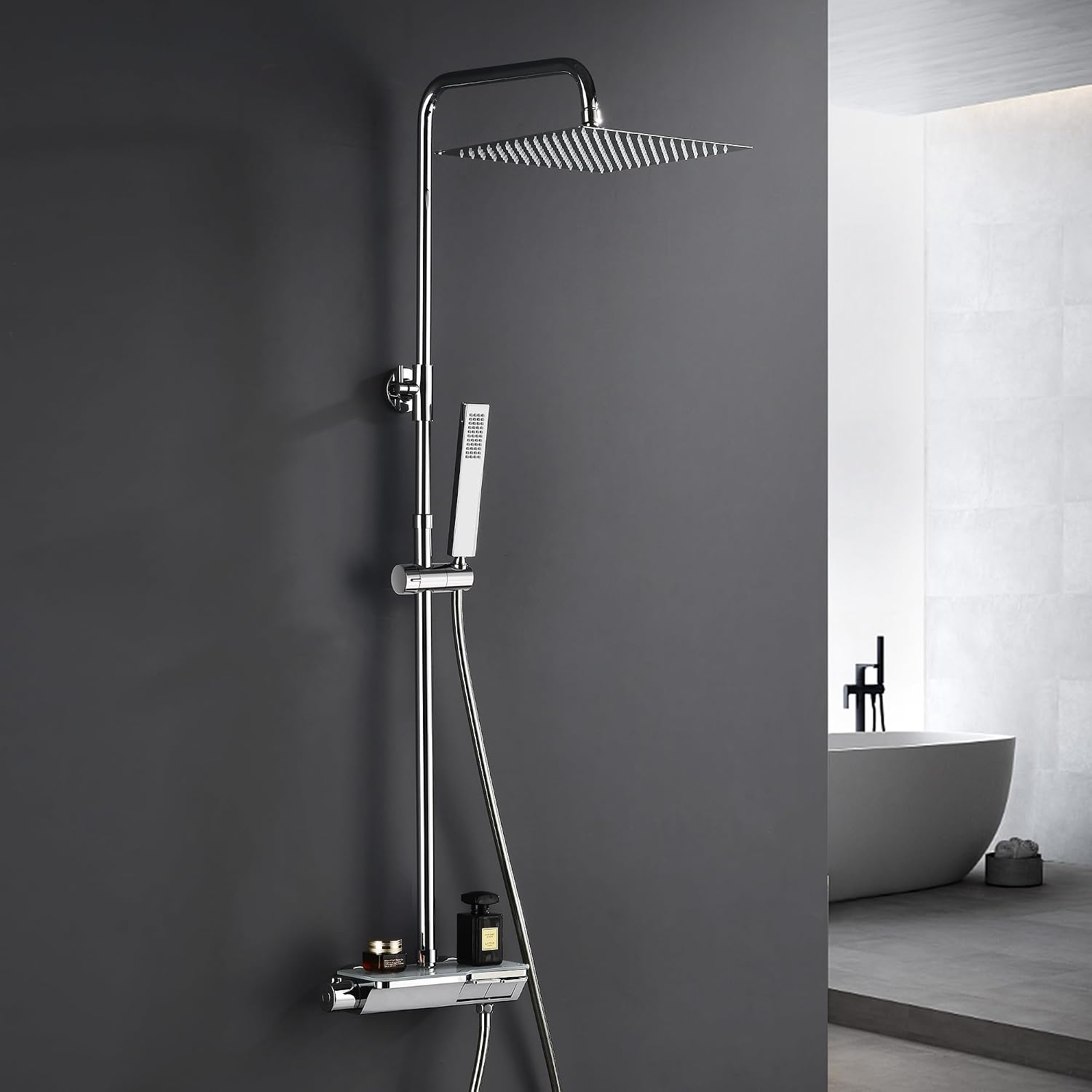 Colonne de douche thermostatique Görbach en acier inoxydable avec pommeau pluie