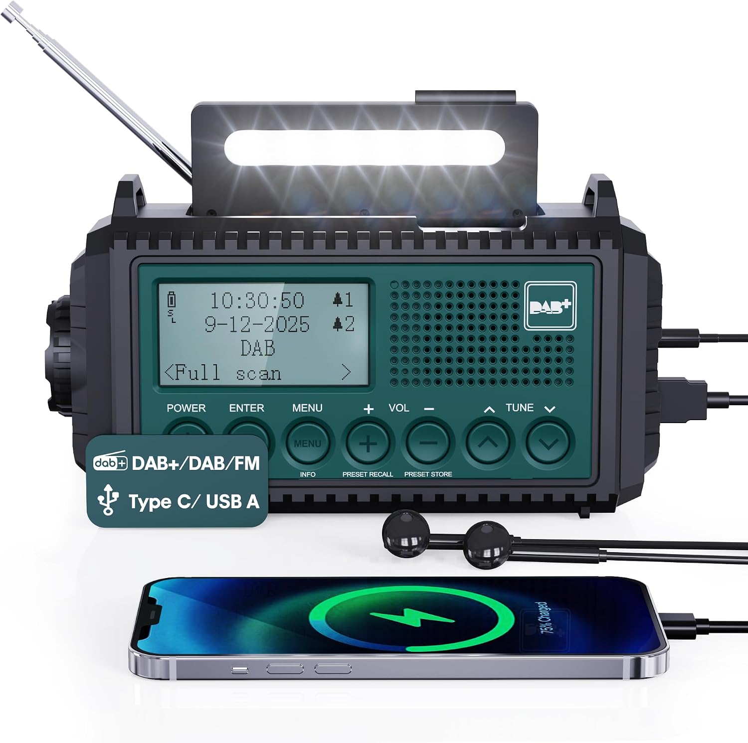Radio à manivelle solaire DAB+/FM avec batterie 5000mAh, lampe et fonction SOS