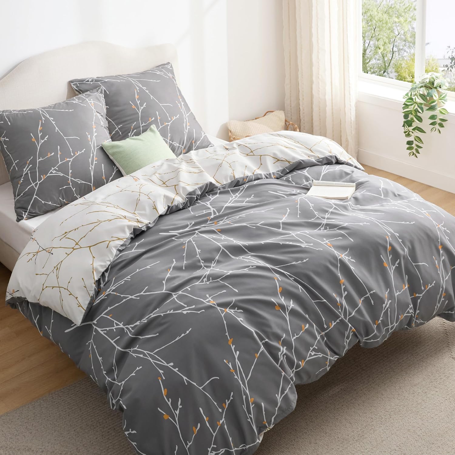Parure de lit Bedsure housse de couette 220x240 motif brindilles grises