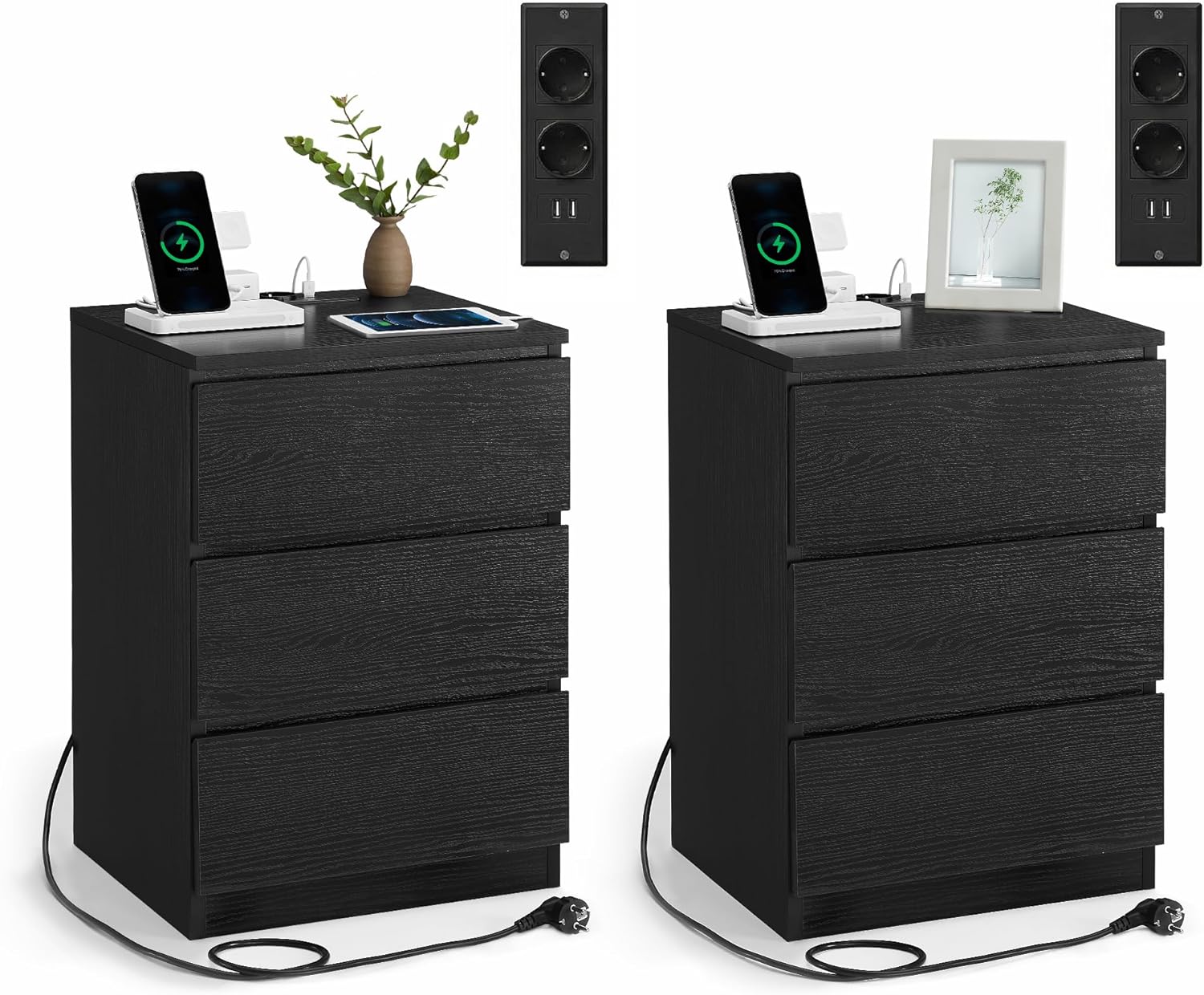 Tables de chevet Vasagle Kailyn avec multiprise, lot de 2, noir boise
