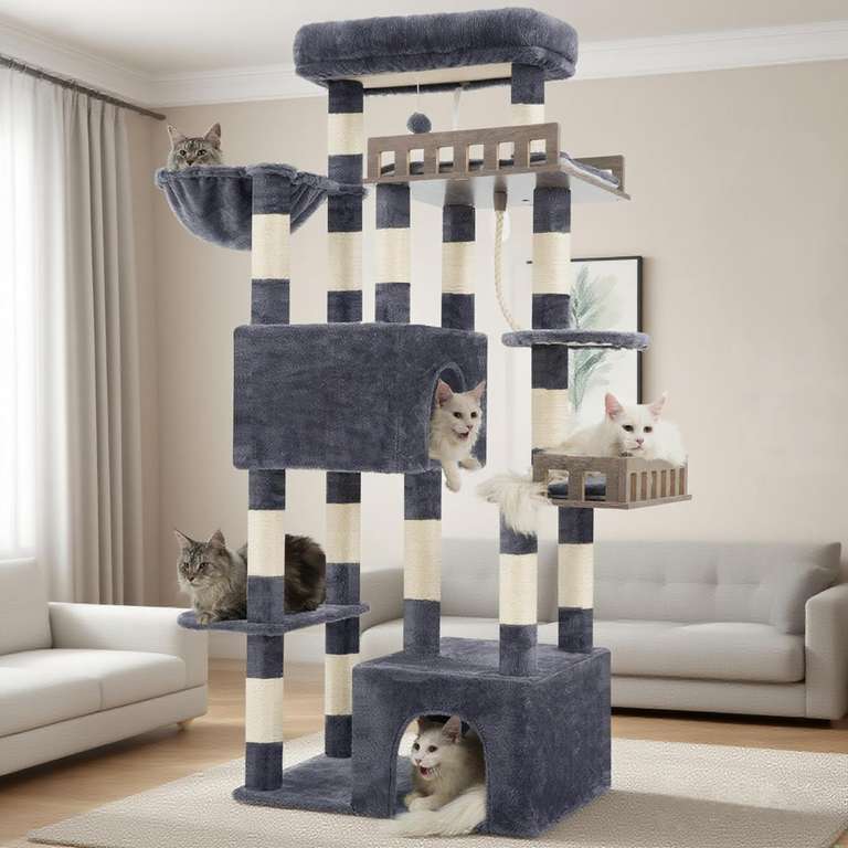 Arbre à chat Gitelsnour GCT033G 174 cm gris foncé avec niches, hamac et poteaux en sisal
