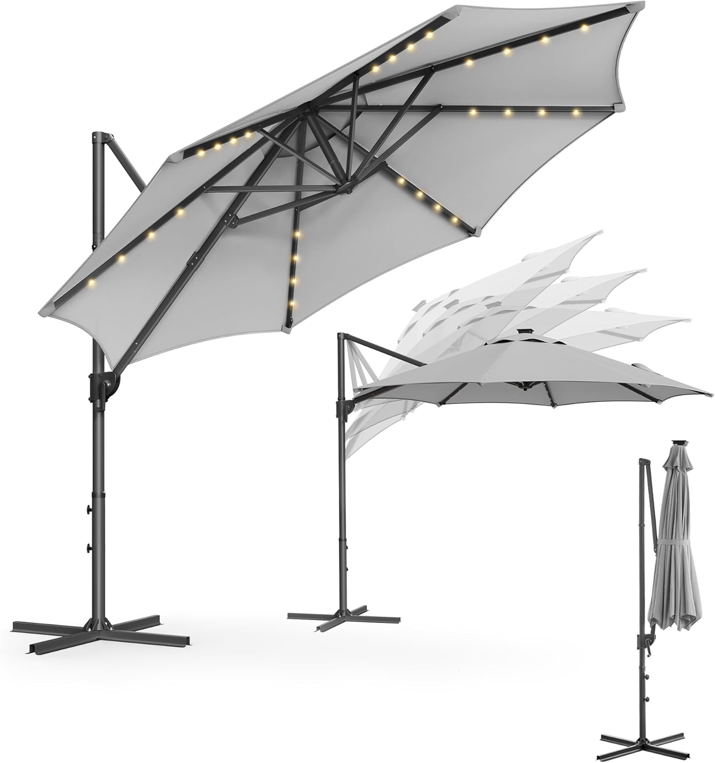Parasol de jardin déporté Songmics 300 cm gris avec LED solaires