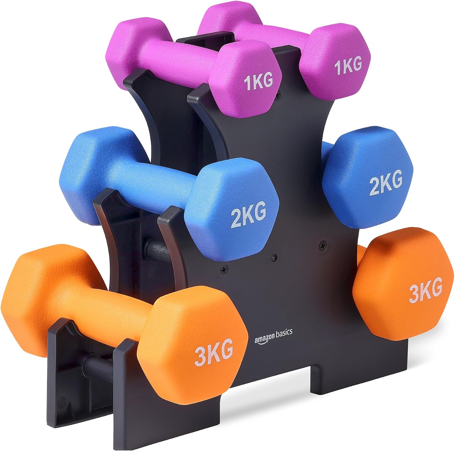 Lot d'haltères Amazon Basics en néoprène 1, 2 et 3 kg avec support