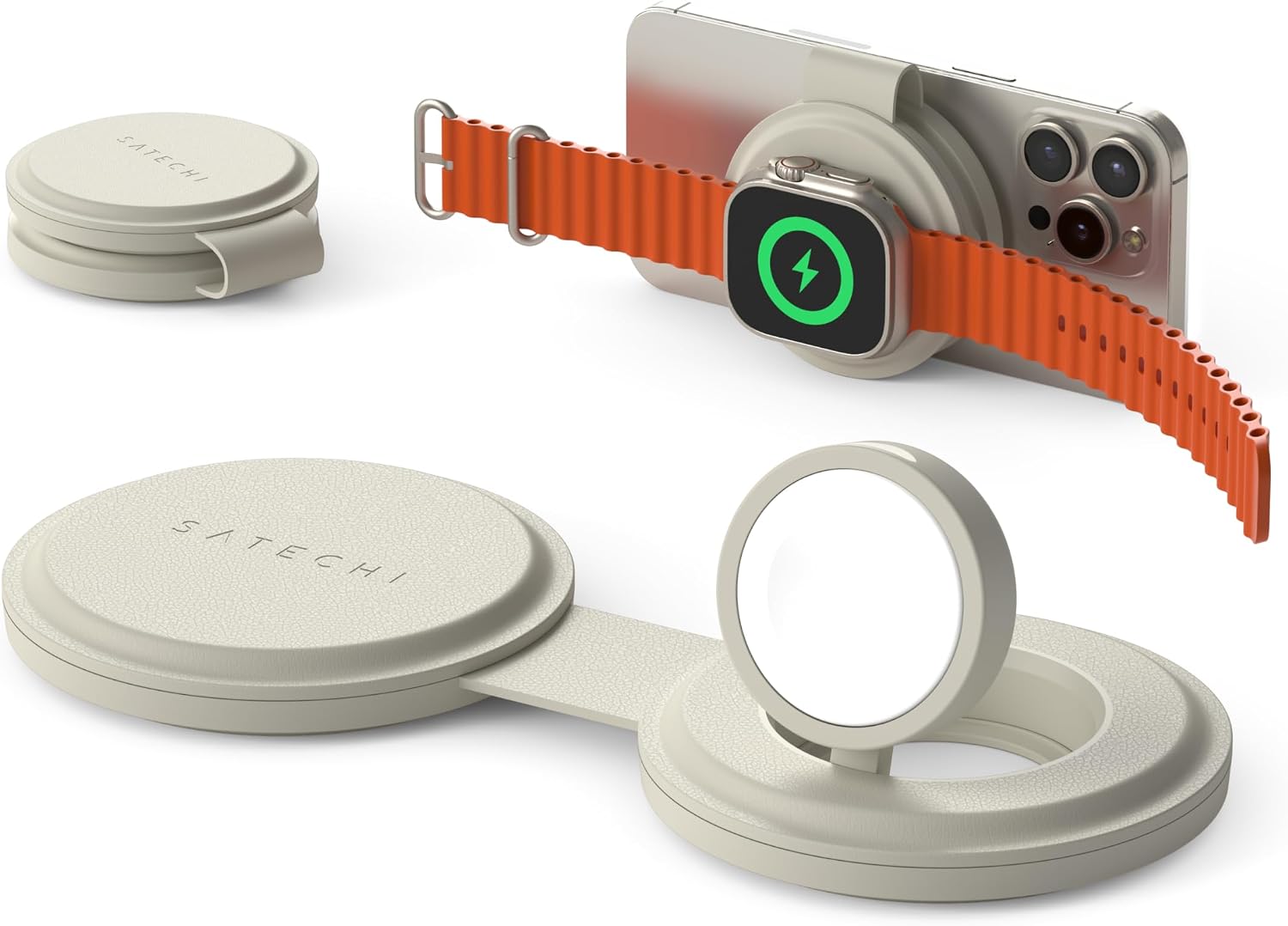 Chargeur MagSafe Satechi OnTheGo 2-en-1 beige avec iPhone et Apple Watch