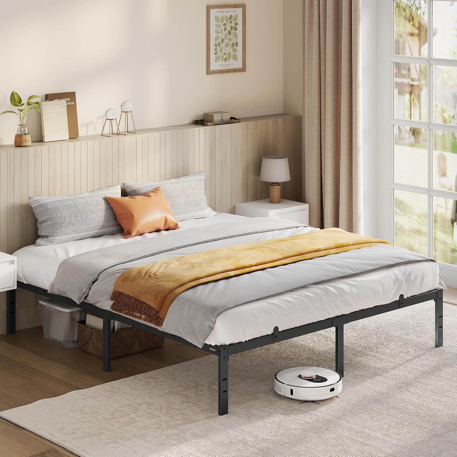 Cadre de lit VASAGLE 160 x 200 cm en métal noir avec sommier et rangement