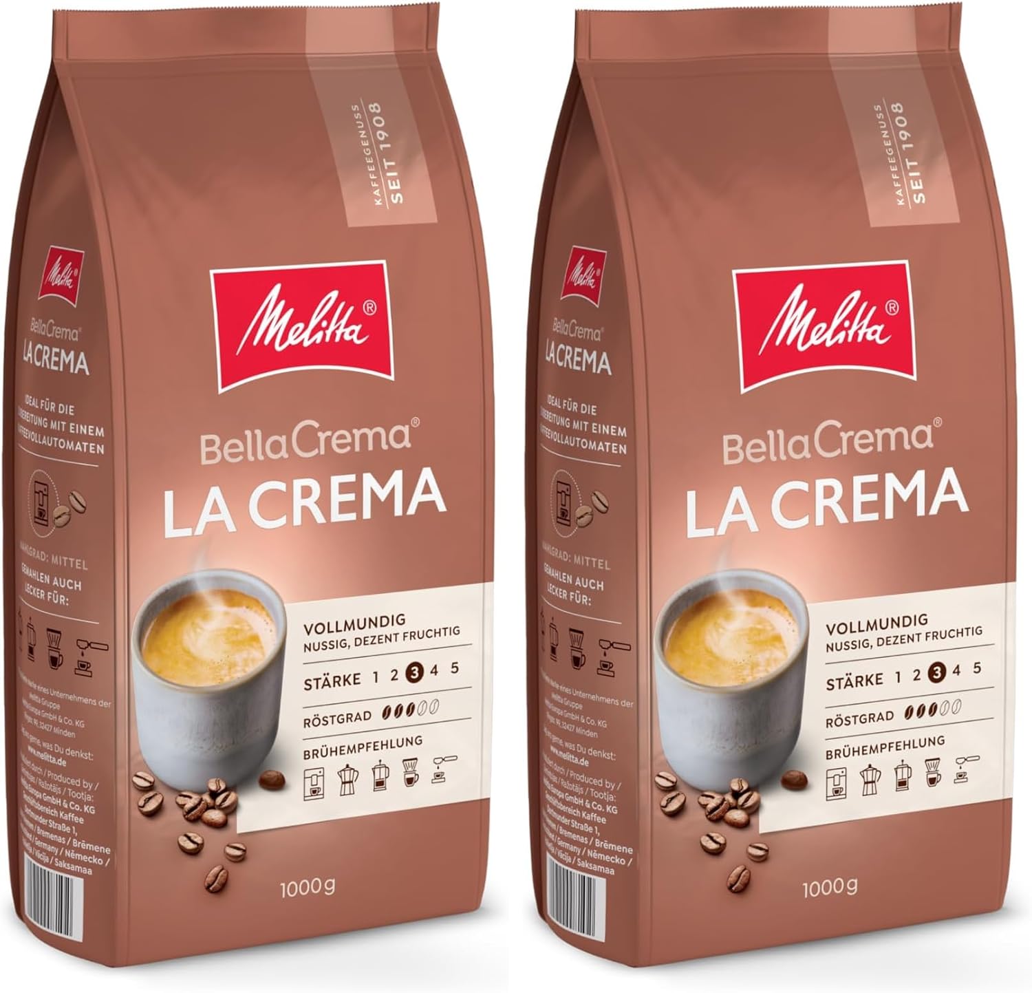 Lot de 2 paquets de café en grain Melitta BellaCrema La Crema 1 kg