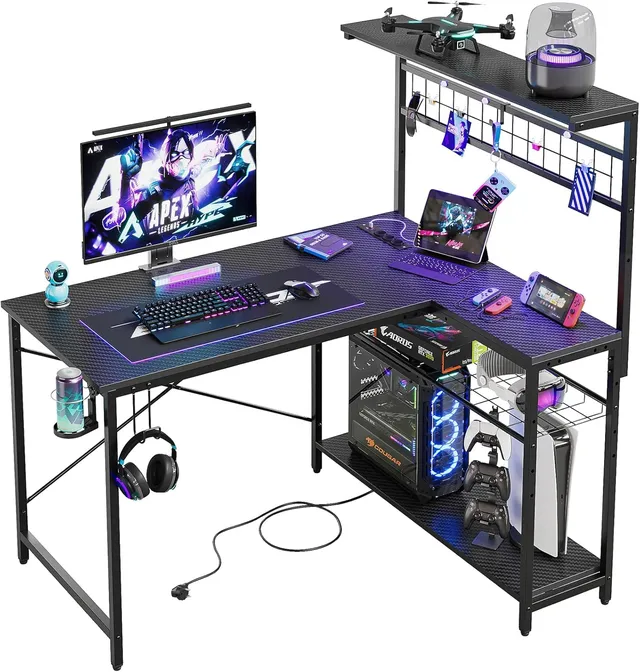 Bureau d'angle en L Bestier avec prises et éclairage LED