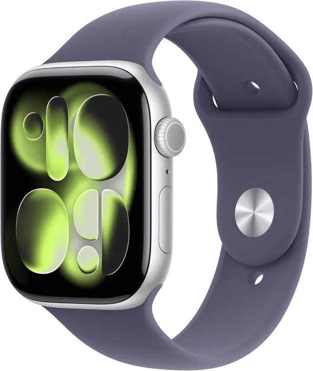 Apple Watch Series 11 GPS + Cellular 46 mm boîtier argent bracelet sport brume violette