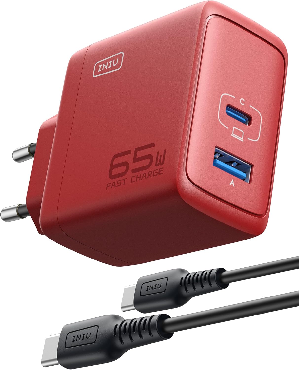 Chargeur secteur Iniu 65W GaN deux ports USB-C et USB-A rouge