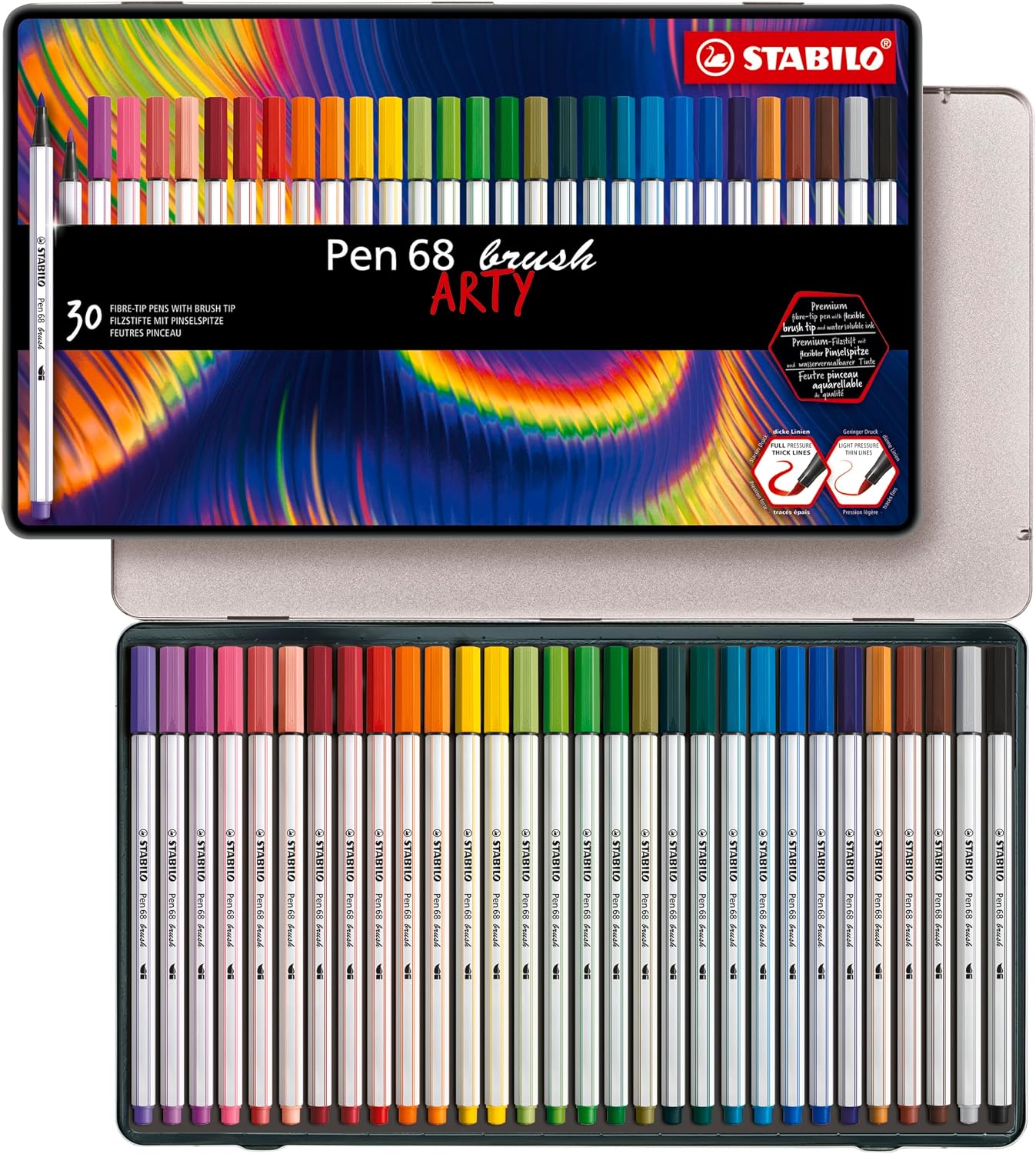 Boîte métal de 30 feutres Stabilo Pen 68 Brush ARTY