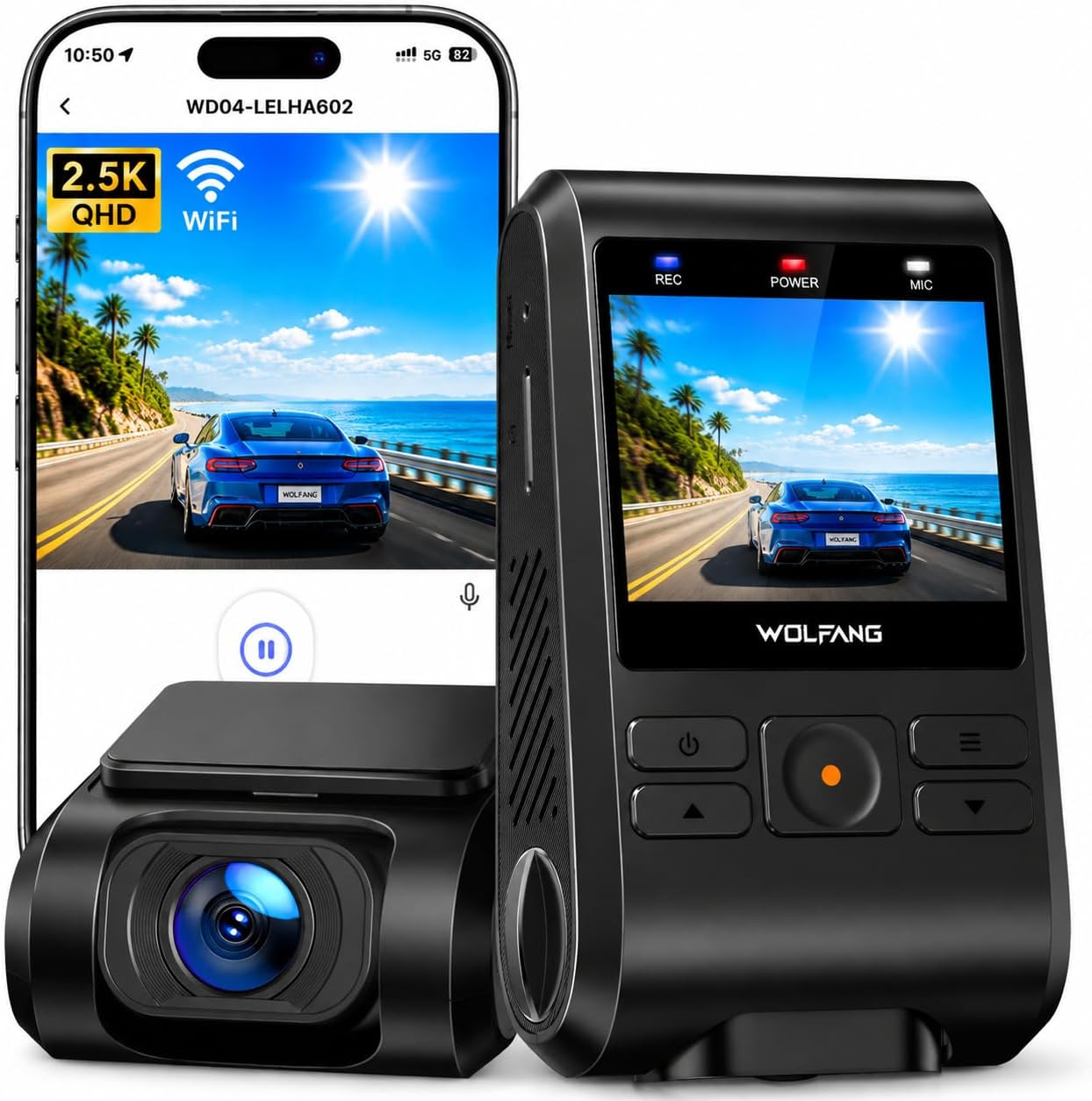 Dashcam WOLFANG 2.5K pour voiture avec Wi-Fi et écran IPS 2 pouces